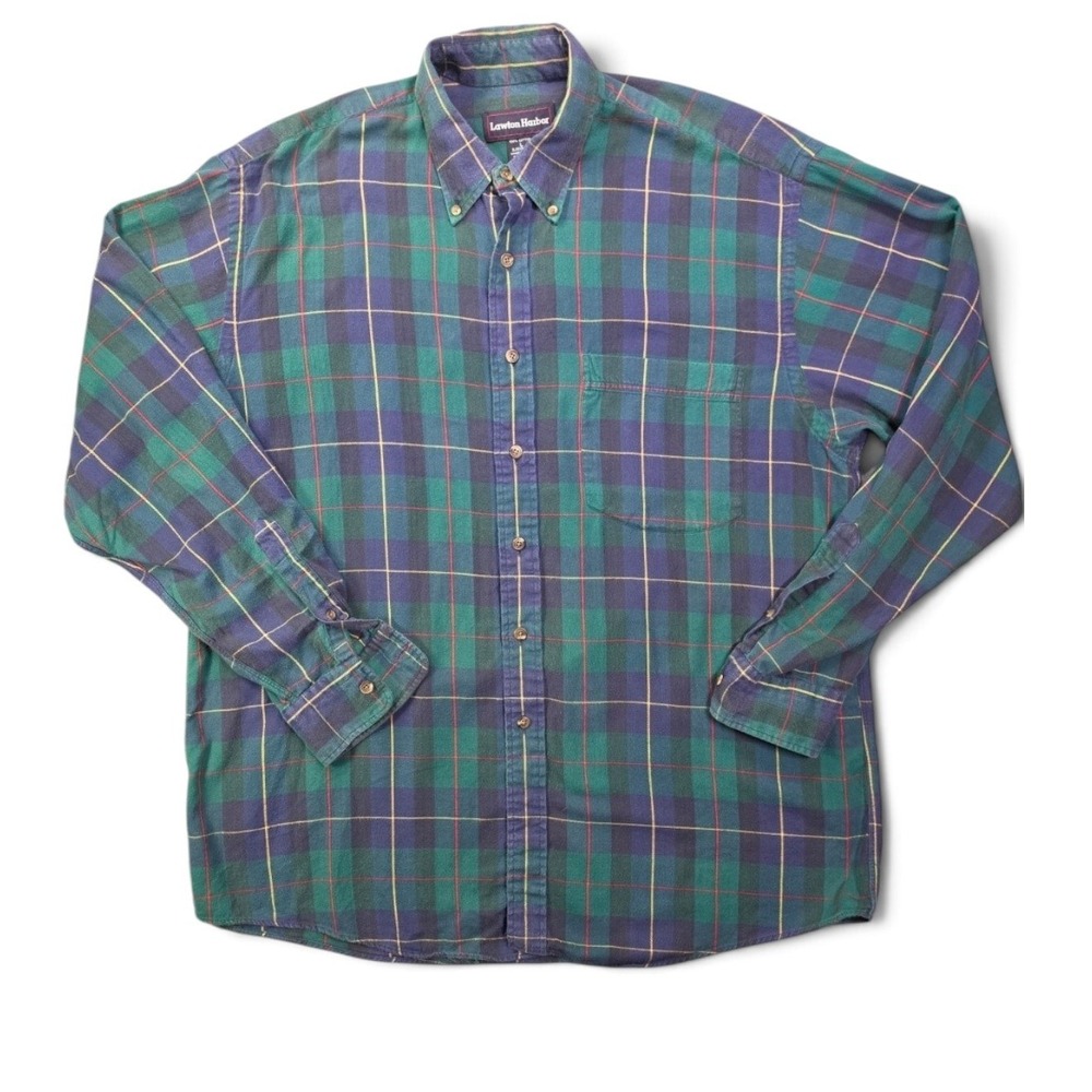 Vintage 90s Lawton Harbor Plaid Flannel Shirt Green Blue Mens Large USA